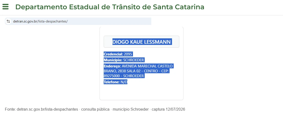 Registro público do DETRAN/SC: Diogo Kaue Lessmann, credencial 2095, município Schroeder